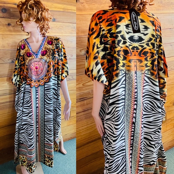 SHORE DRIVE NWT Leopard ZEBRA PEARLS Print CAFTAN O/S - Picture 13 of 13